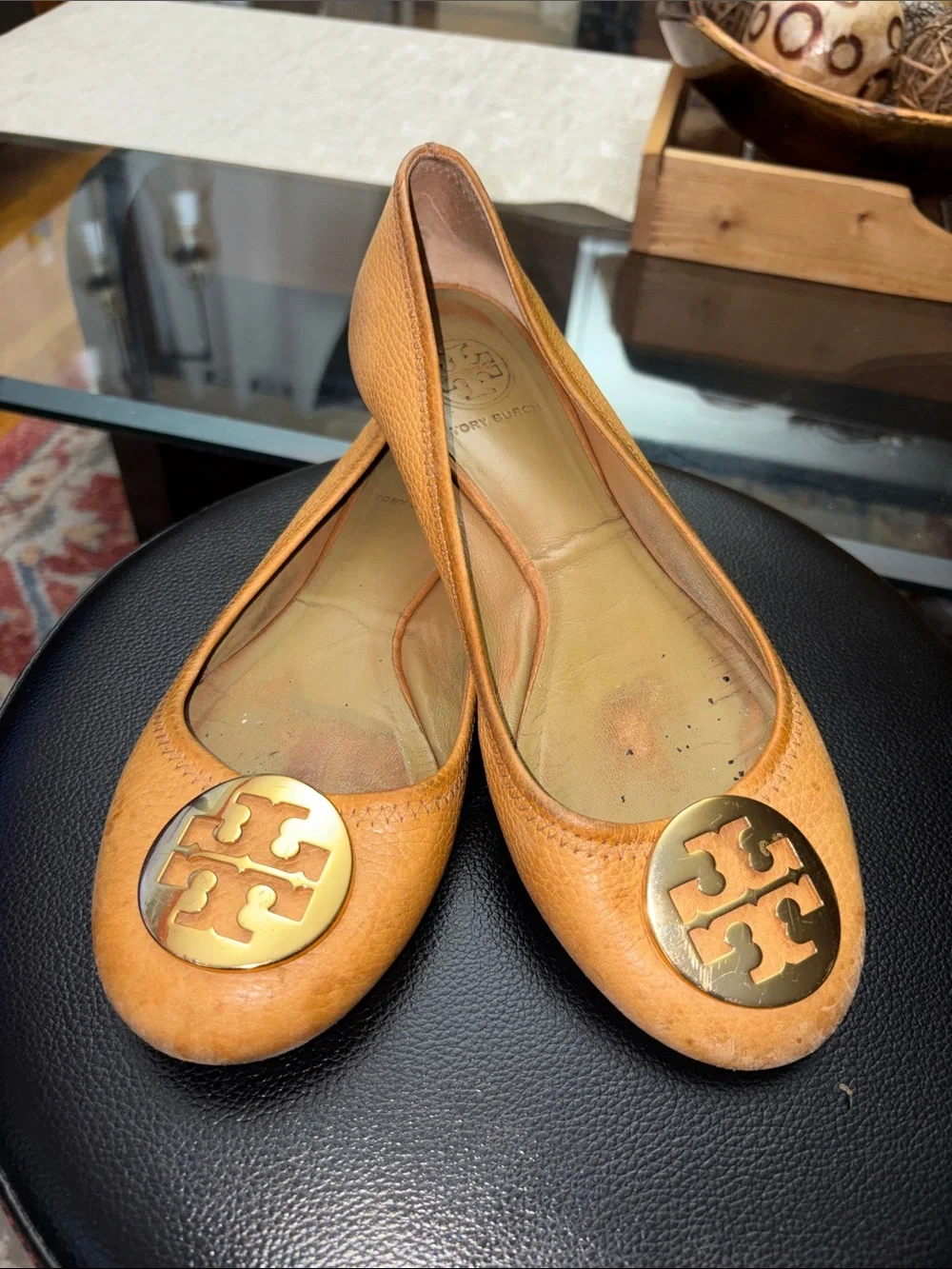 Tory Burch Mustard Leather Logo Ballet Flats